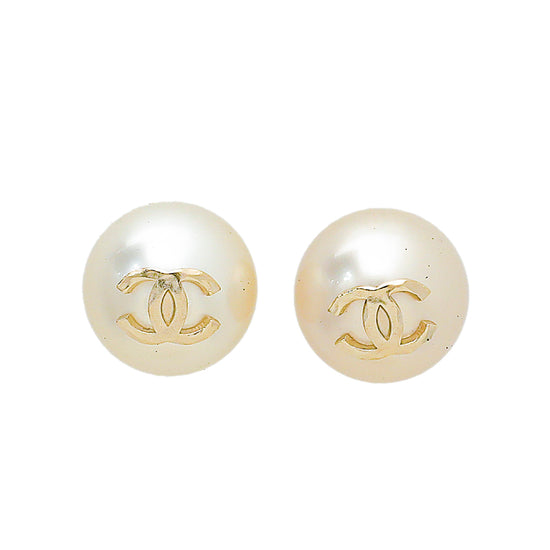 Chanel White CC Large Pearl Earrings