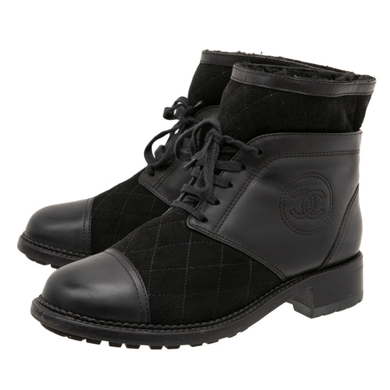 Chanel Black CC Suede Combat Boots 37.5