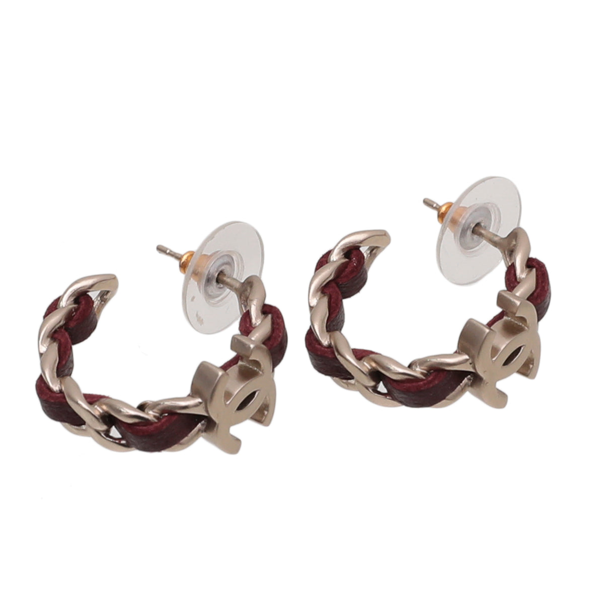 Chanel Burgundy CC Woven Chain Hoop Earrings