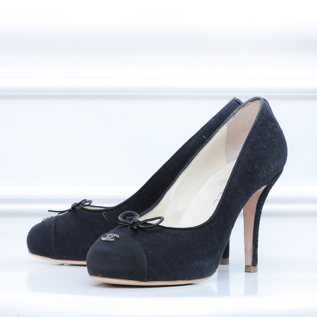Chanel Black CC Logo Cap Toe Fabric Pumps 37.5-Chanel-THE CLOSET