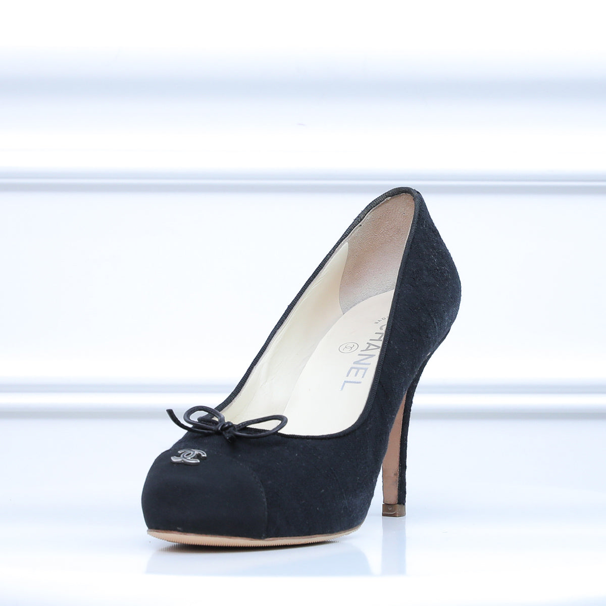 Chanel Black CC Logo Cap Toe Fabric Pumps 37.5-Chanel-THE CLOSET