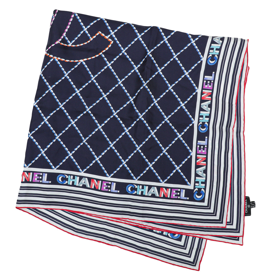 Chanel Navy Multicolor CC Logo Diamond Stitch Print Square Scarf-Chanel-THE CLOSET