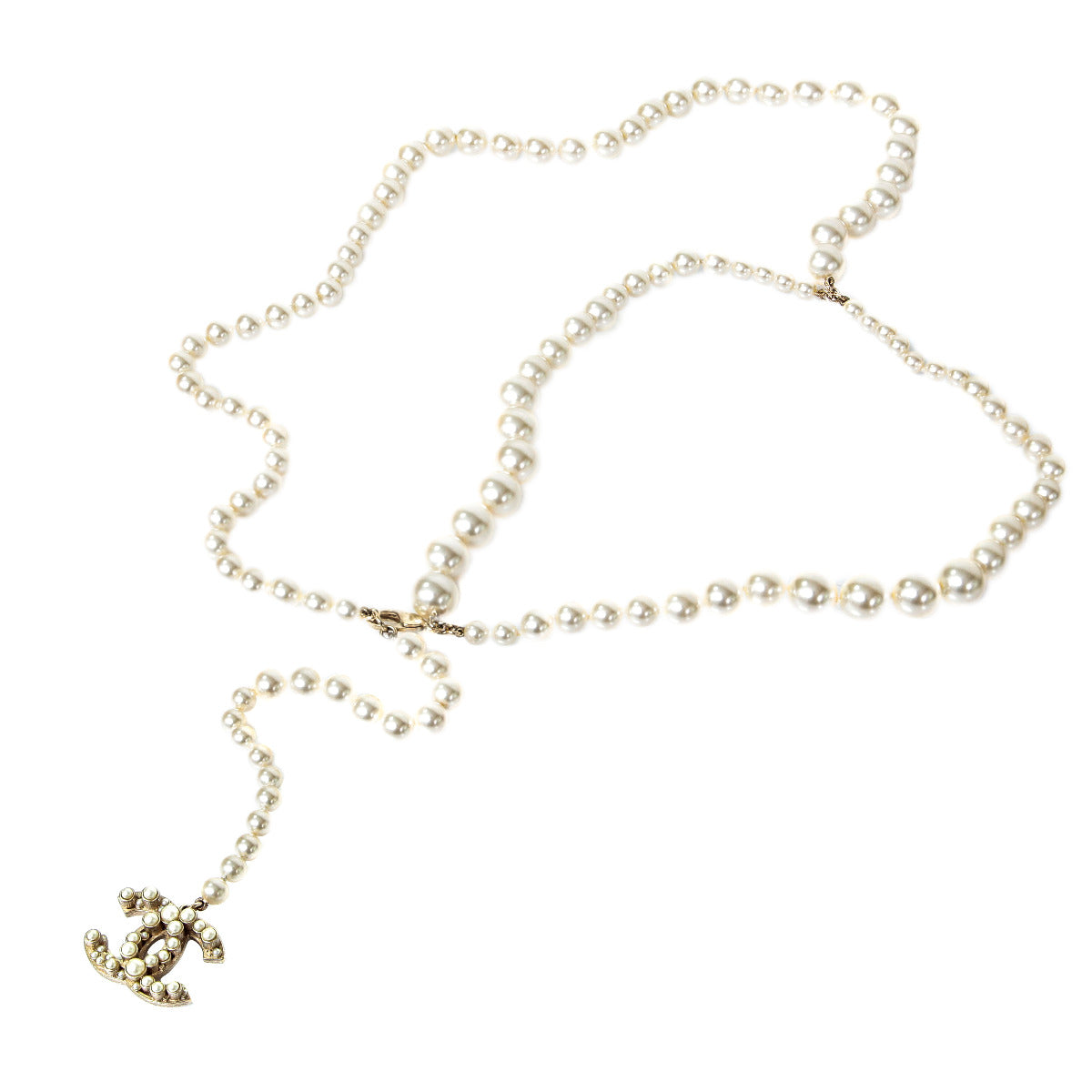 Chanel Light Gold CC Long Pearls Necklace