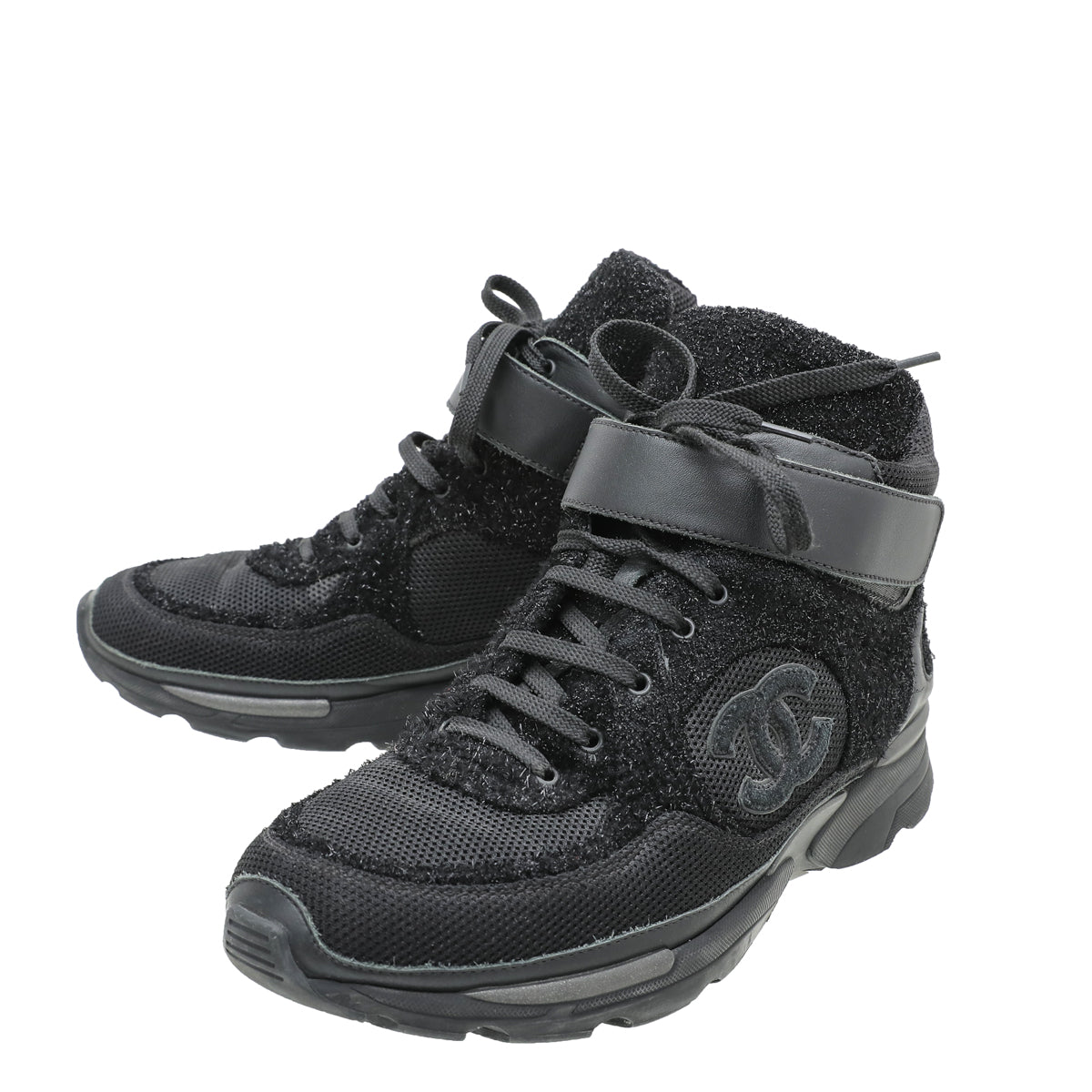 Chanel Black CC Mesh Glittered High Cut Sneakers 39.5-Chanel-THE CLOSET
