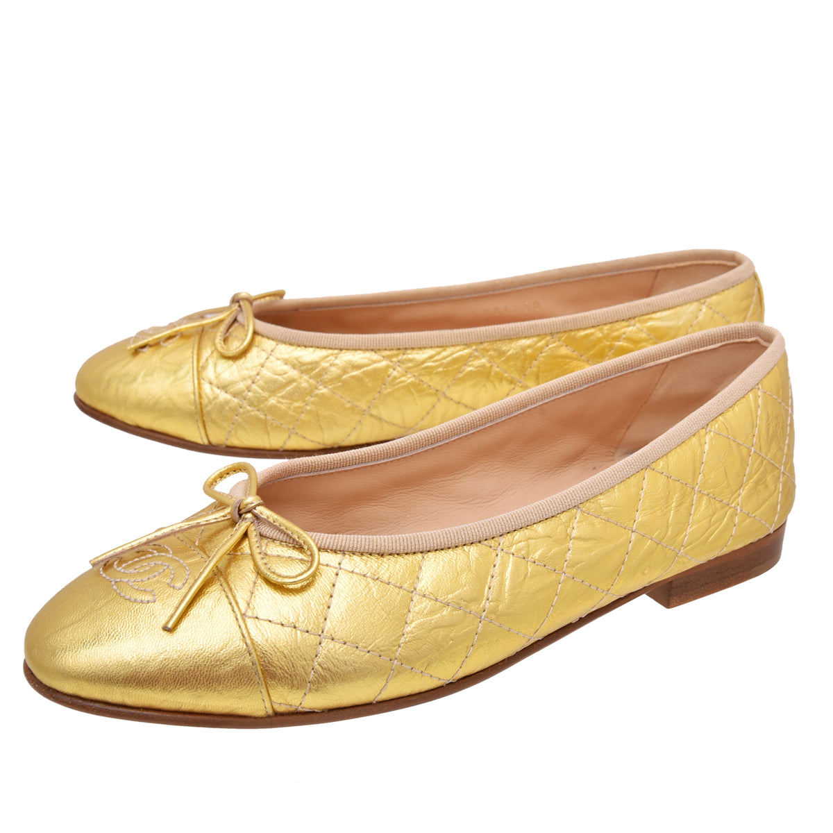Chanel Metallic Gold CC Cap Toe Bow Ballerina 38.5-Chanel-THE CLOSET