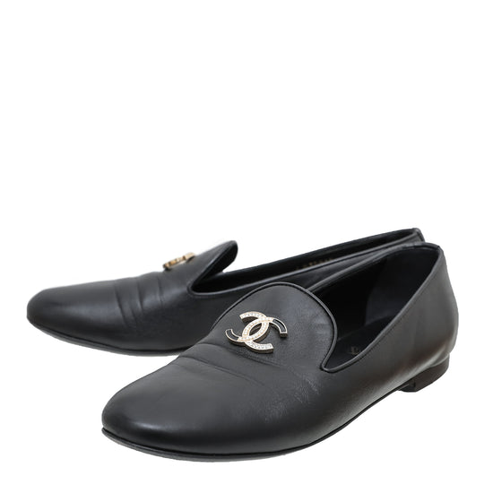 Chanel Black CC Moccasin Loafers 37.5