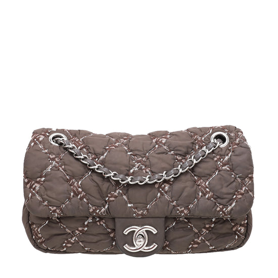 Chanel Brown CC Nylon Tweed On Stitch Bubbled Flap Bag