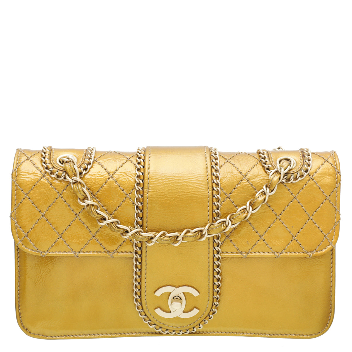 Chanel Gold Quilted Patent Leather Medium Madison Flap Bag Chanel