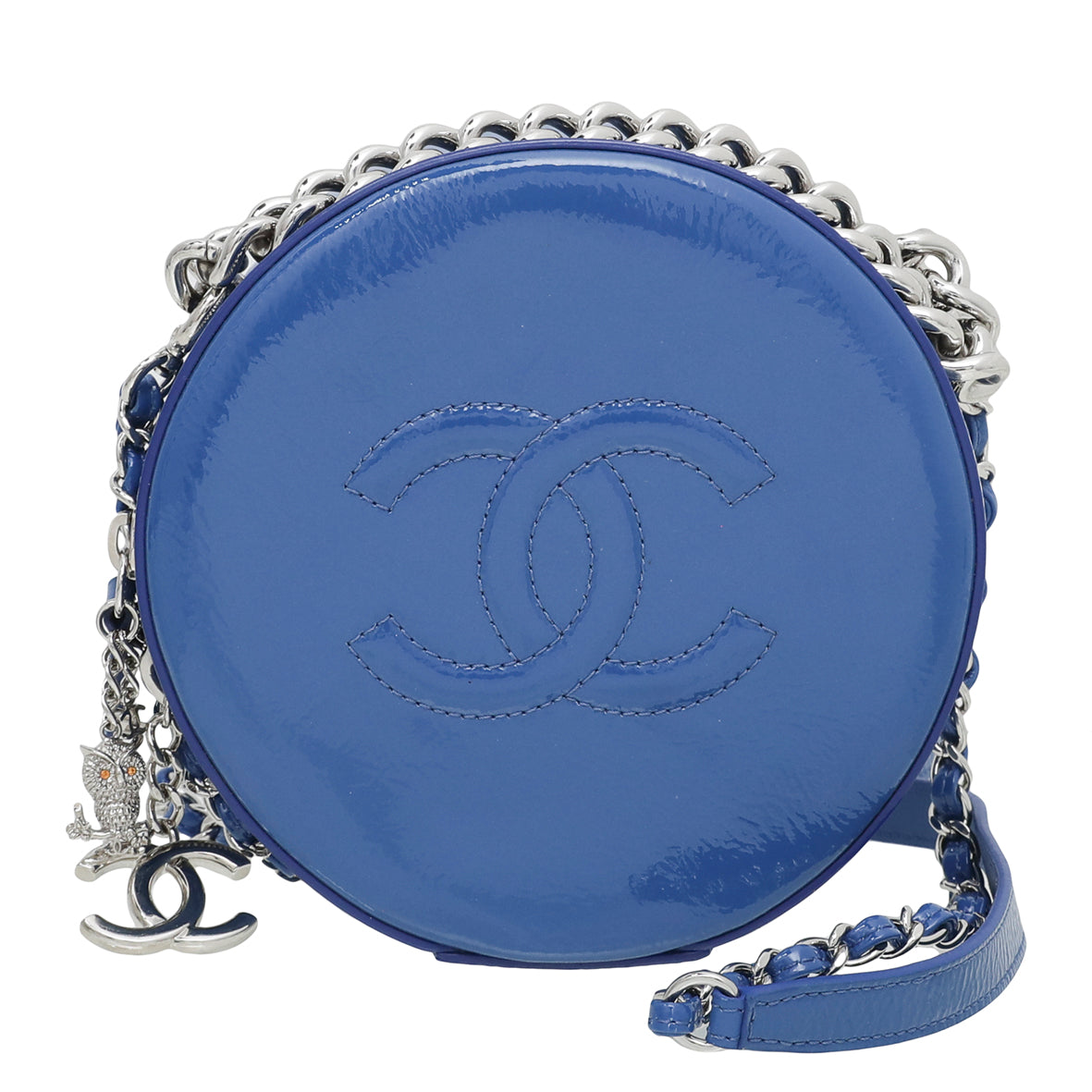 Chanel Round As Earth Bag with Owl Charm Blue Patent Silver Hardware, 名牌,  手袋及銀包- Carousell