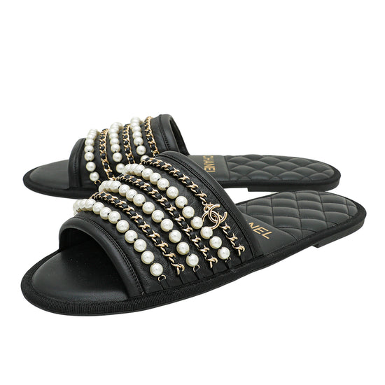 Chanel Black CC Pearl Chain Home Mules Large