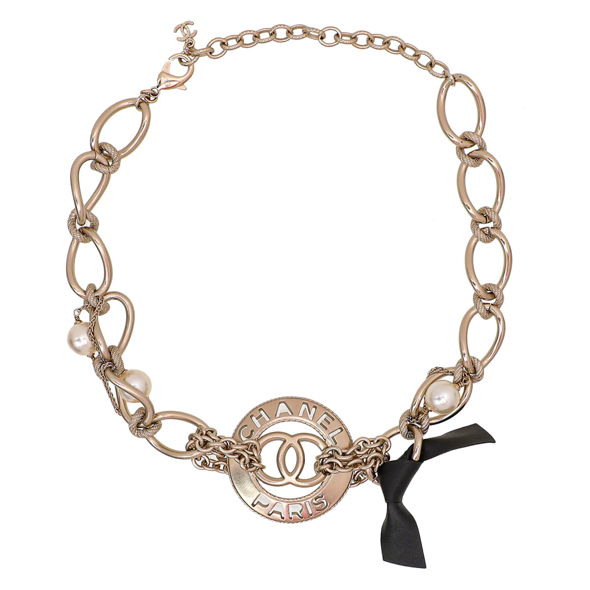 Chanel Light Gold CC Pearl Chain Link Choker Necklace-Chanel-THE CLOSET