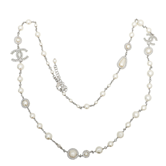 Chanel White CC Pearl Crystal Necklace