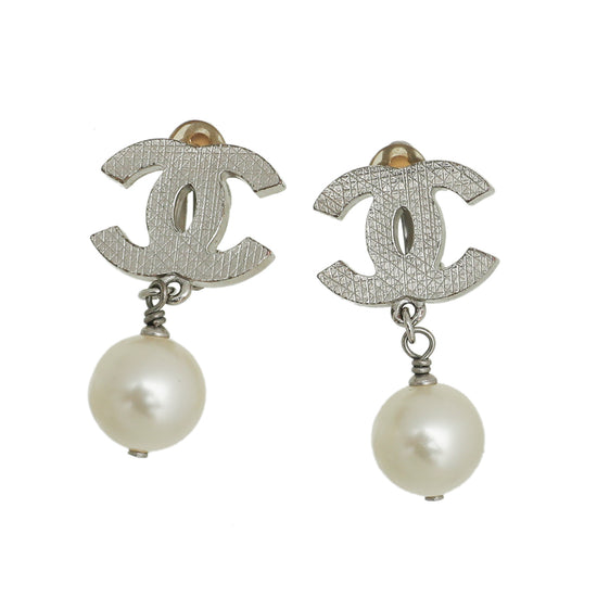 Chanel Silver Finish CC Pearl Drop Clip On Earrings