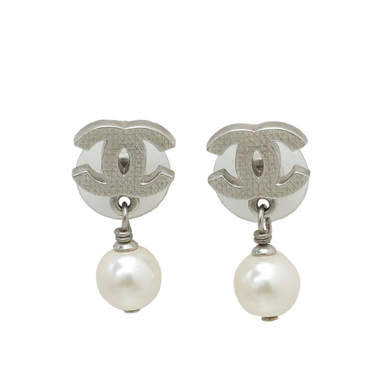 Chanel White CC Pearl Drop Earrings