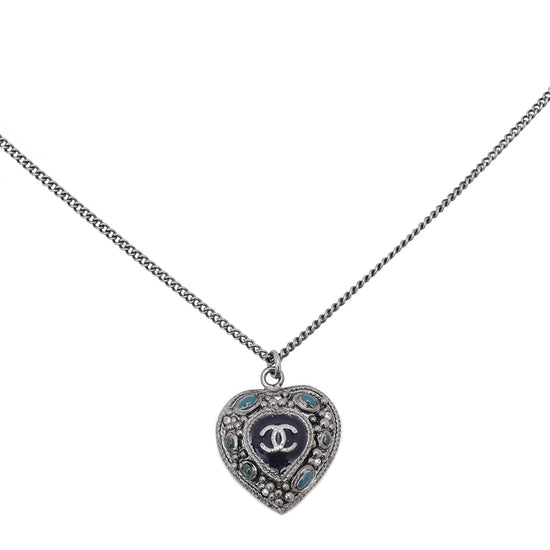 Chanel Blue CC Pearl Enamel Heart Pendant Necklace