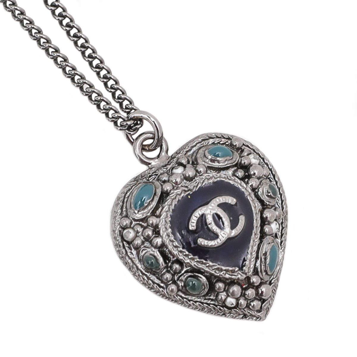 Chanel Blue CC Pearl Enamel Heart Pendant Necklace-Chanel-THE CLOSET