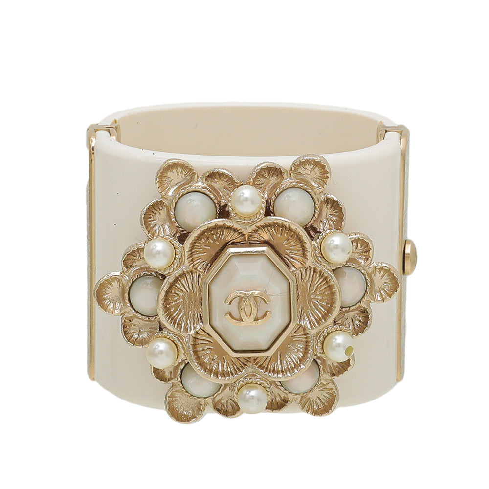 Chanel White CC Pearl Enamel Wide Cuff Bracelet-Chanel-THE CLOSET