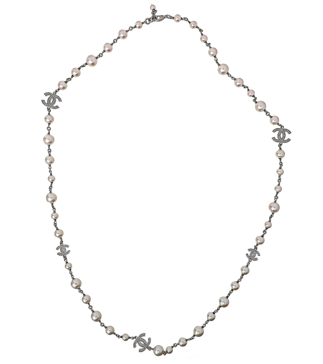 Chanel Silver CC Pearl Long Necklace-Chanel-THE CLOSET