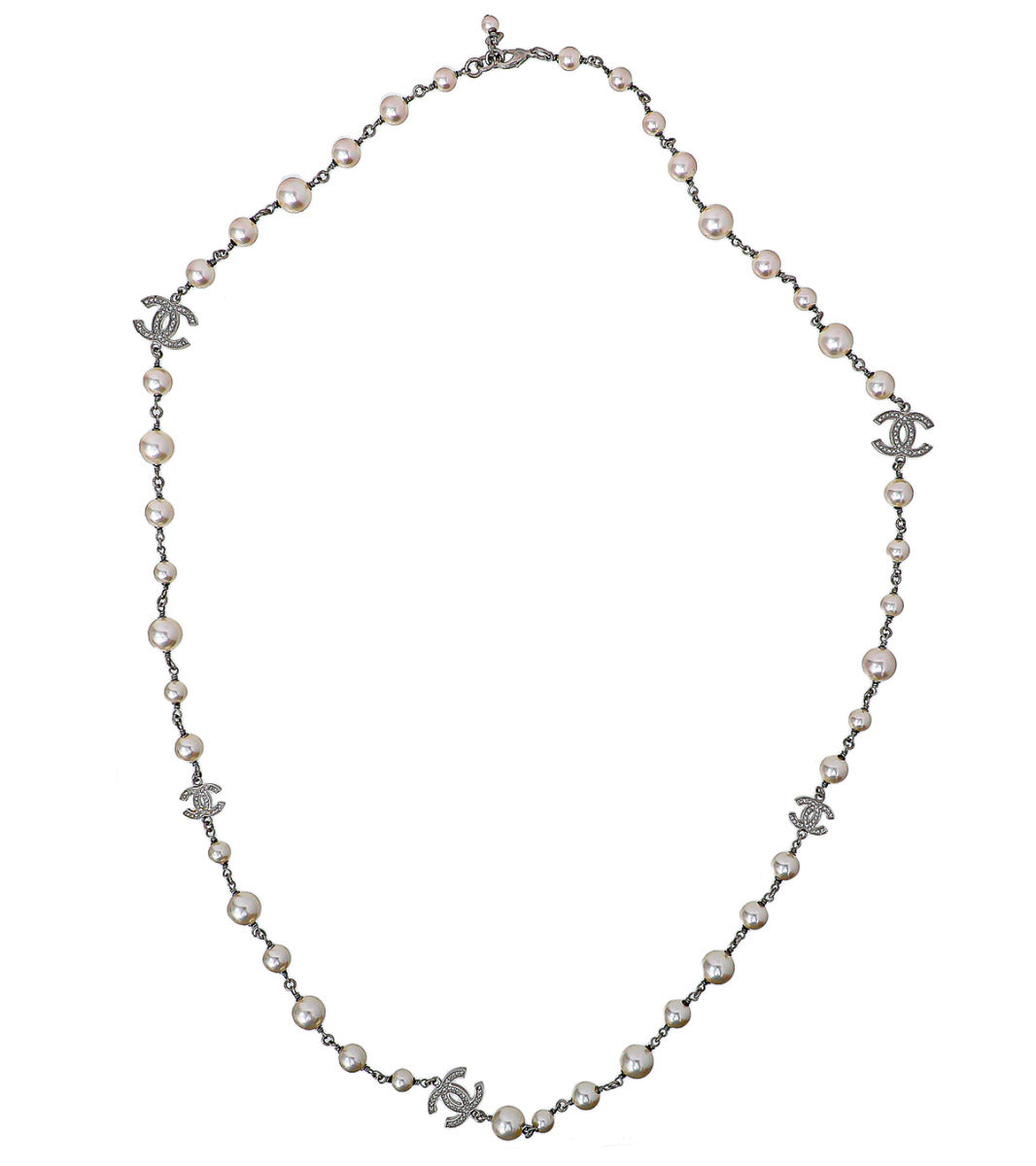 Chanel Silver CC Pearl Long Necklace