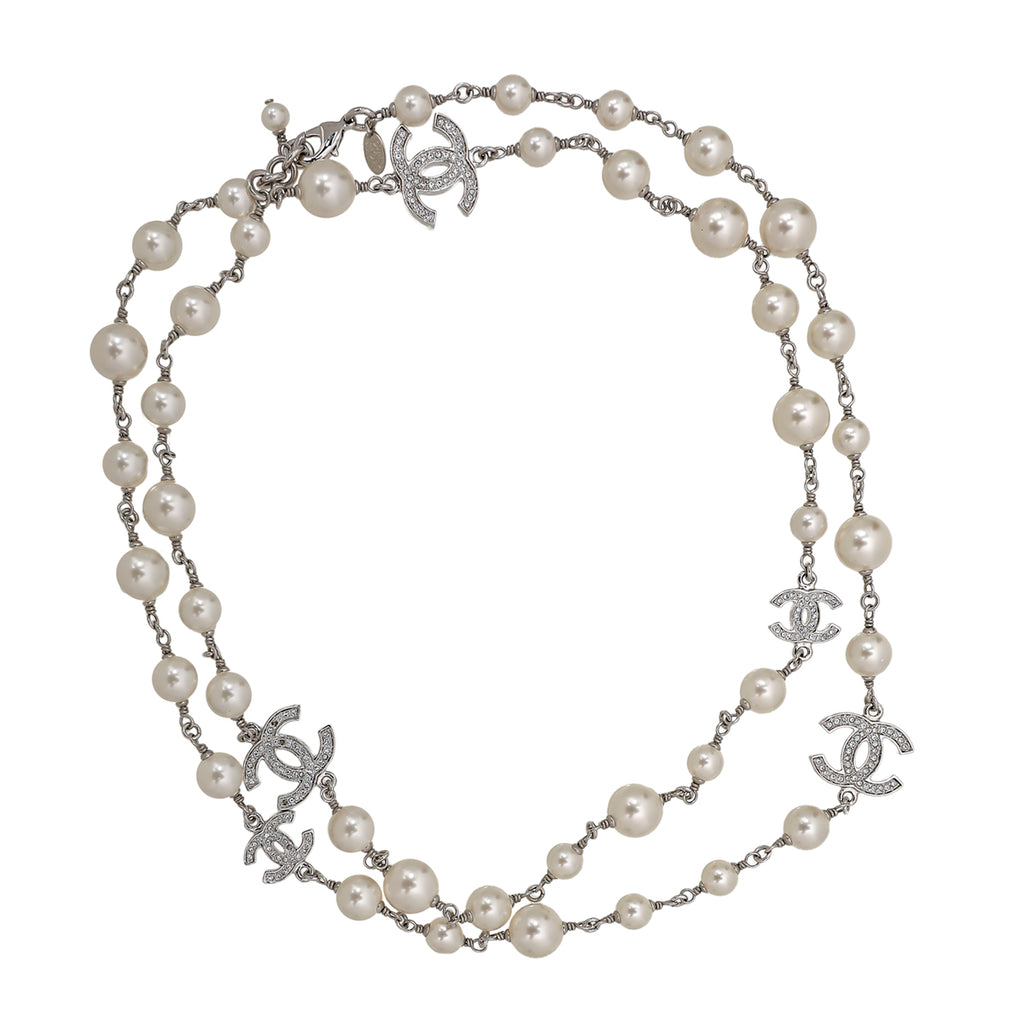 Chanel crystal pearl cc long necklace silver discount