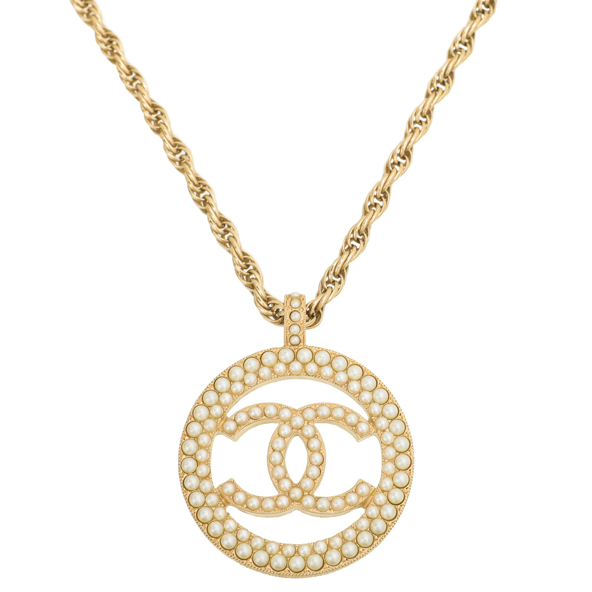 Chanel White CC Pearl Round Pendant Necklace