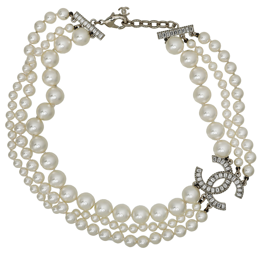 Chanel Ivory CC Pearl Triple Strand Baguette Choker Necklace-Chanel-THE CLOSET