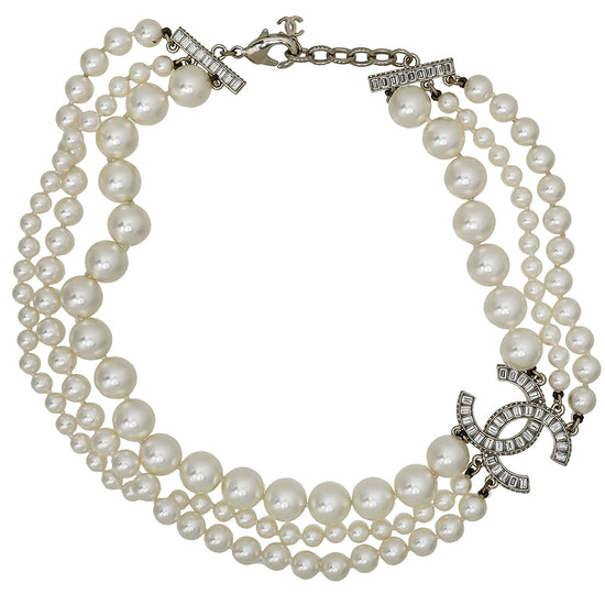 Chanel Ivory CC Pearl Triple Strand Baguette Choker Necklace