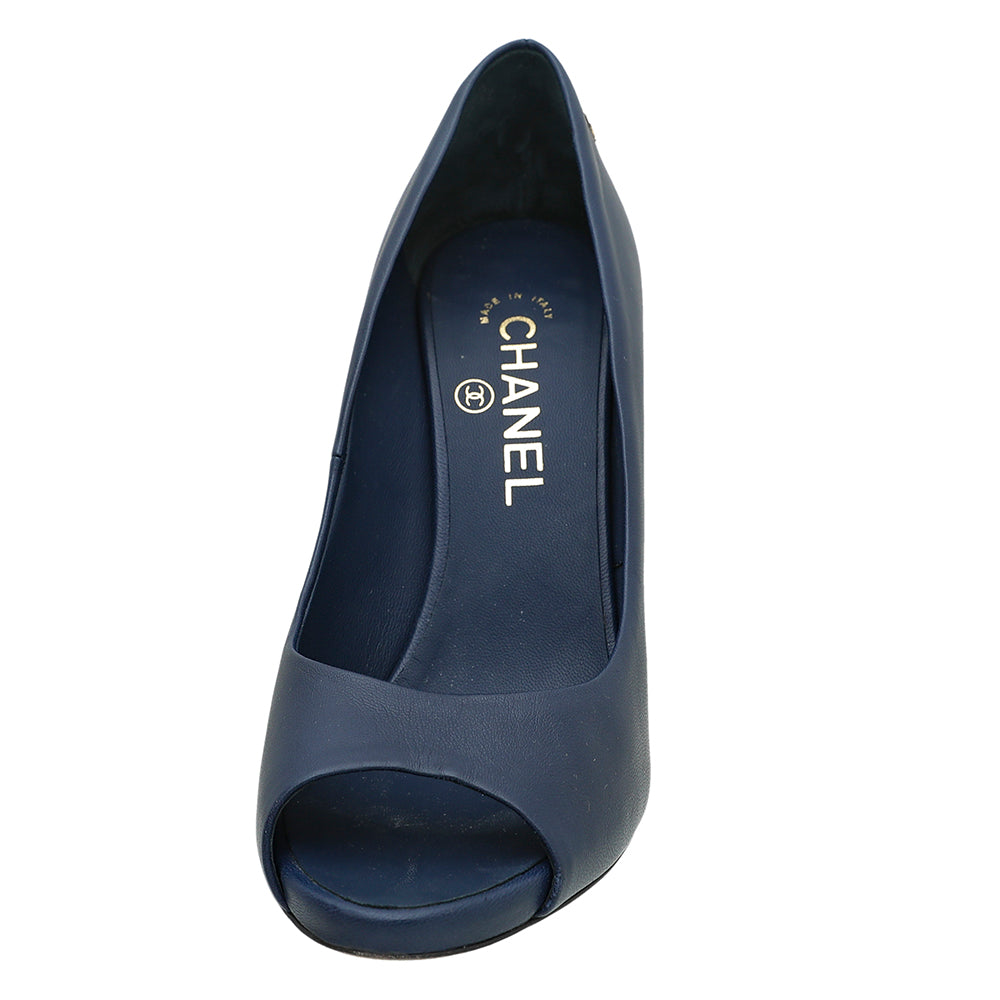Chanel Blue CC Peep Toe Pearl Heel Pump 38.5-Chanel-THE CLOSET