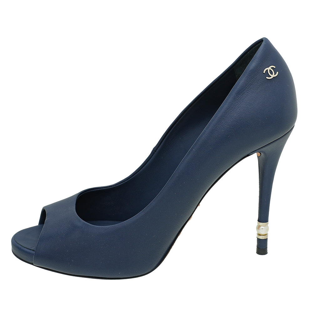 Chanel Blue CC Peep Toe Pearl Heel Pump 38.5-Chanel-THE CLOSET