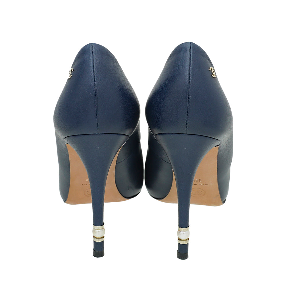 Chanel Blue CC Peep Toe Pearl Heel Pump 38.5-Chanel-THE CLOSET