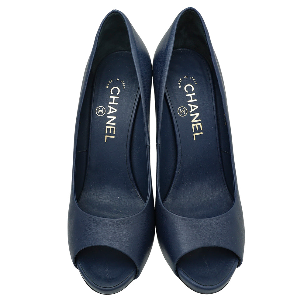 Chanel Blue CC Peep Toe Pearl Heel Pump 38.5-Chanel-THE CLOSET