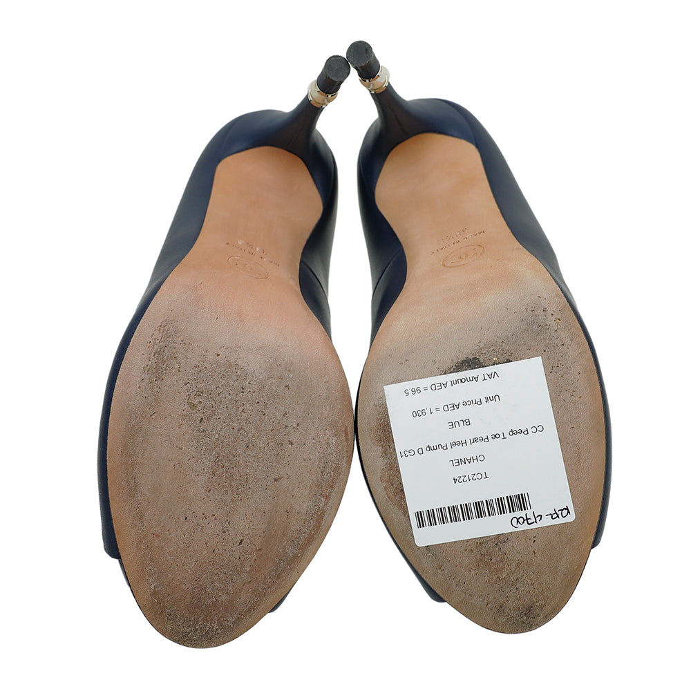 Chanel Blue CC Peep Toe Pearl Heel Pump 38.5-Chanel-THE CLOSET