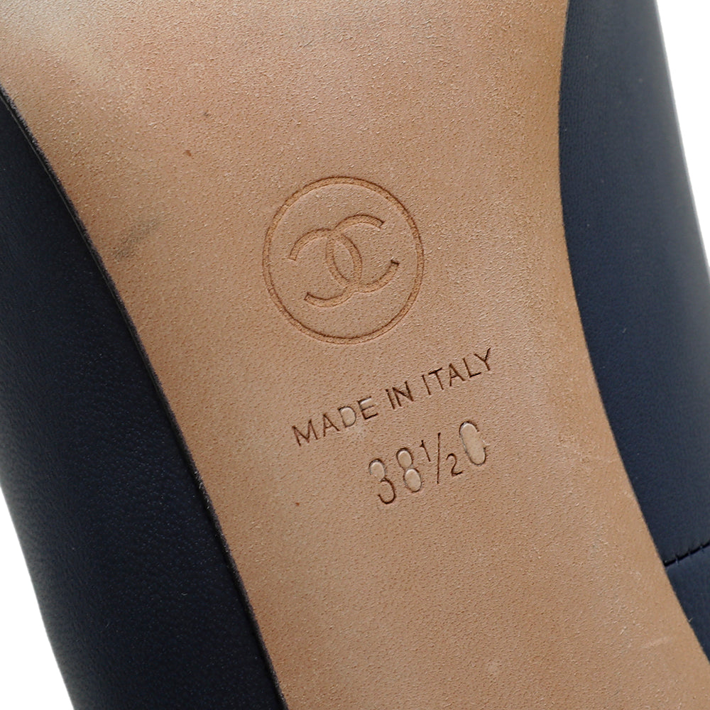 Chanel Blue CC Peep Toe Pearl Heel Pump 38.5-Chanel-THE CLOSET