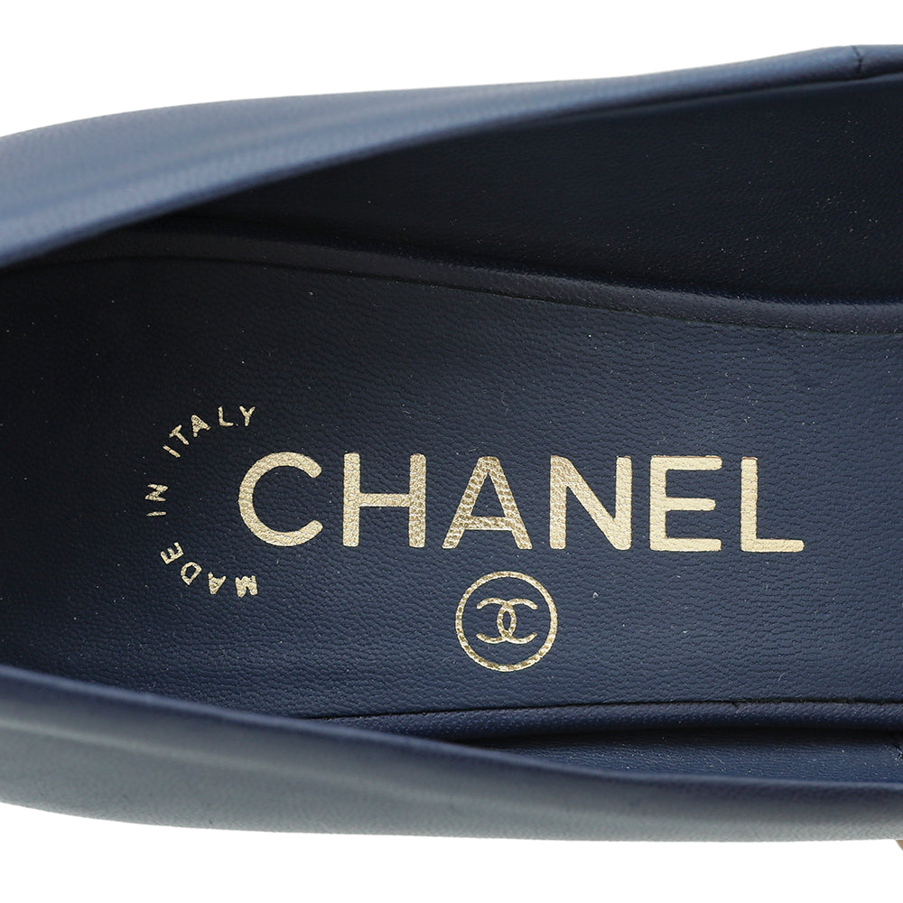 Chanel Blue CC Peep Toe Pearl Heel Pump 38.5
