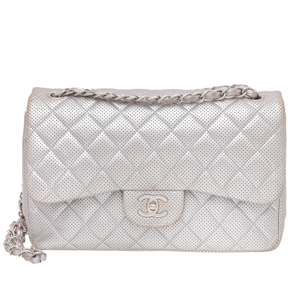 Chanel Silver CC Perforated Classic Double Flap Bag-Chanel-THE CLOSET