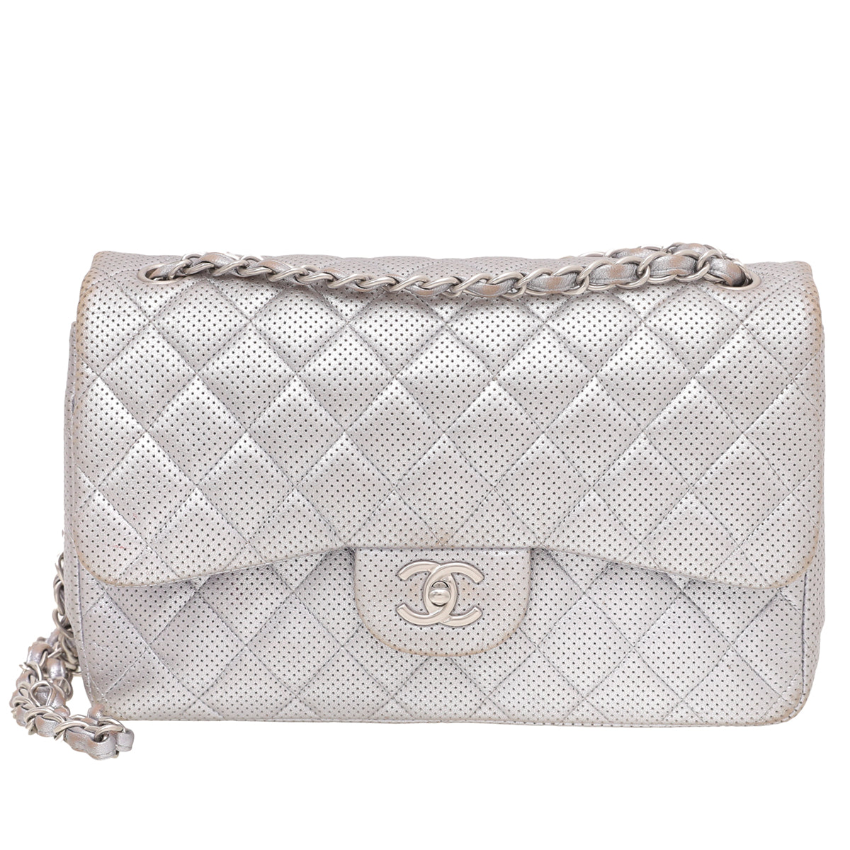 Chanel Silver CC Perforated Classic Double Flap Bag