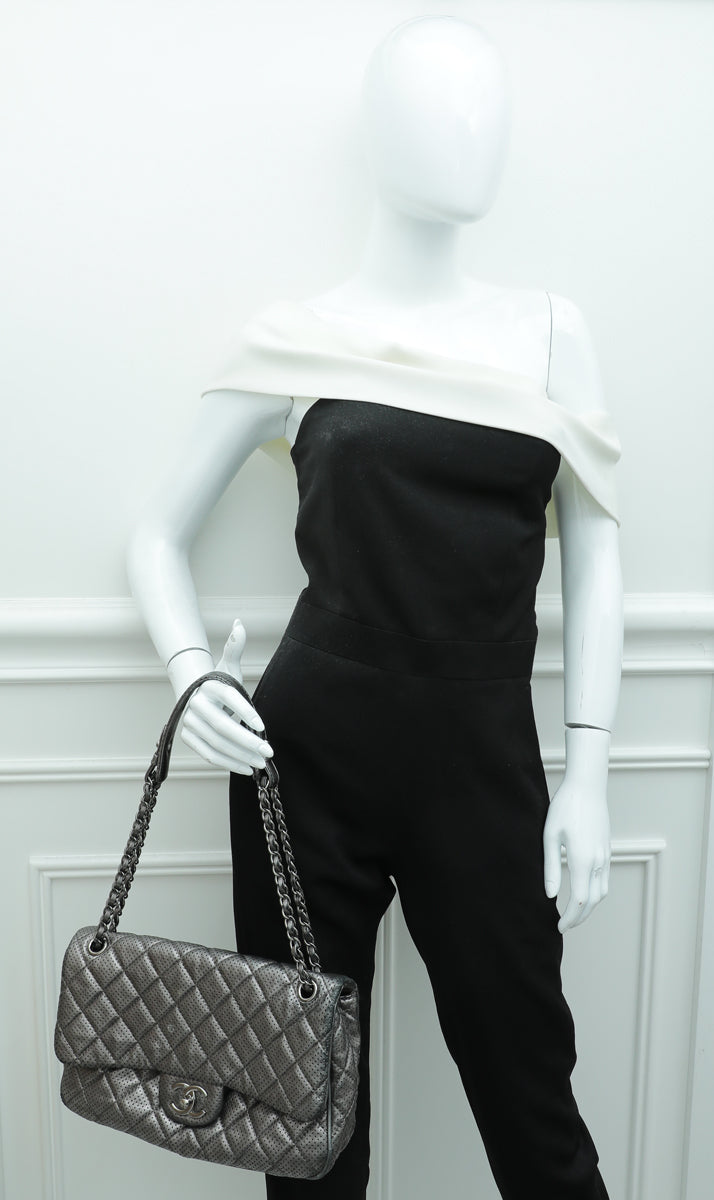 Chanel Metallic Grey CC Perforated Flap Jumbo Bag – The Closet