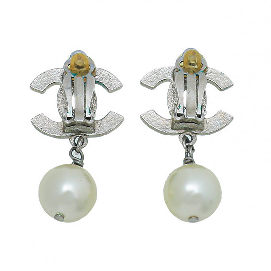 Chanel Silver CC Quilt Pattern Drop Pearl Clip On Earrings