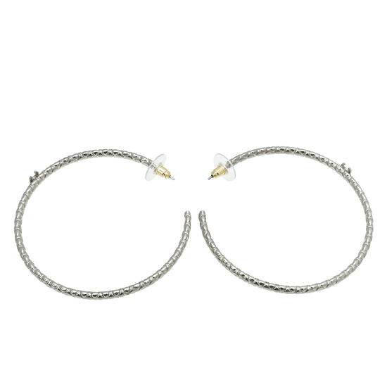 Chanel Silver CC Quilted Large Hoop Earrings