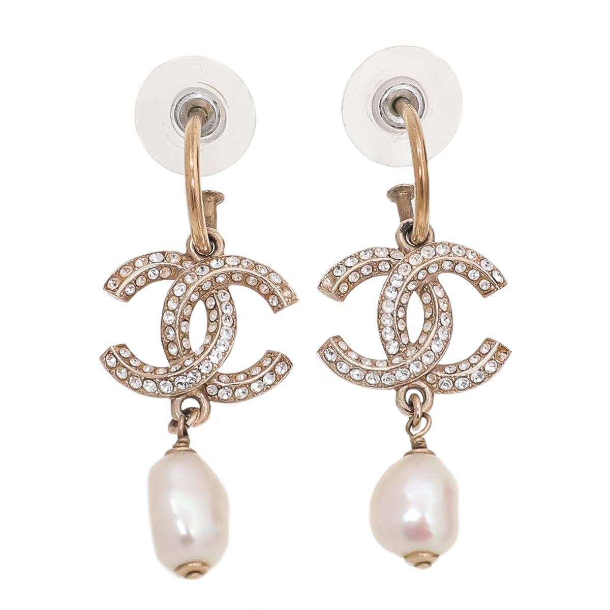 Chanel Gold CC Rhinestone Pearl Hoop Drop Earrings