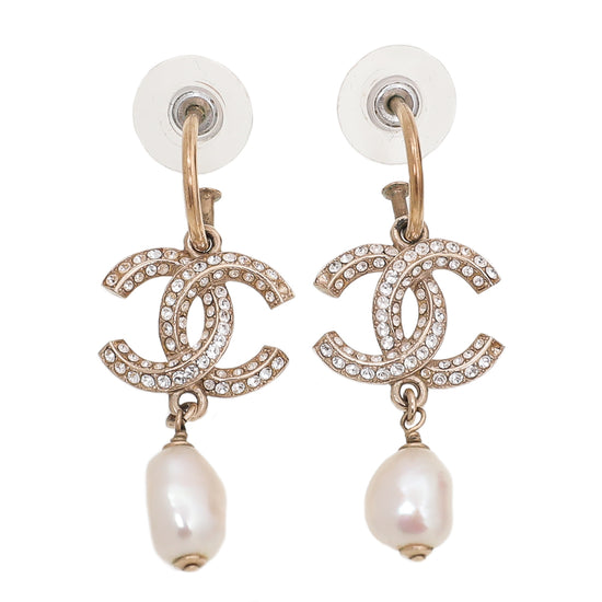 Chanel Gold CC Rhinestone Pearl Hoop Drop Earrings