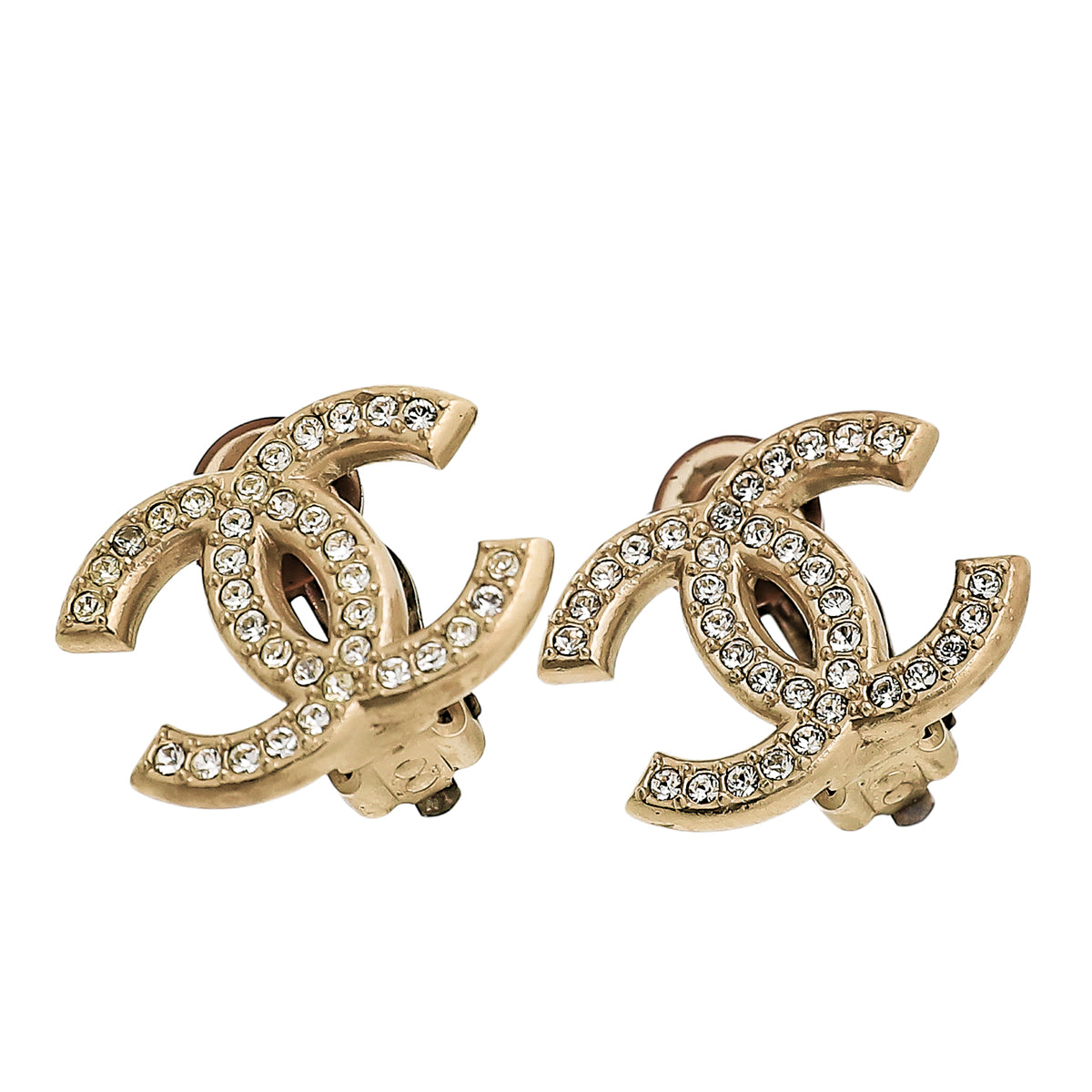 Chanel Gold White CC Rhinestones Clip on Earrings