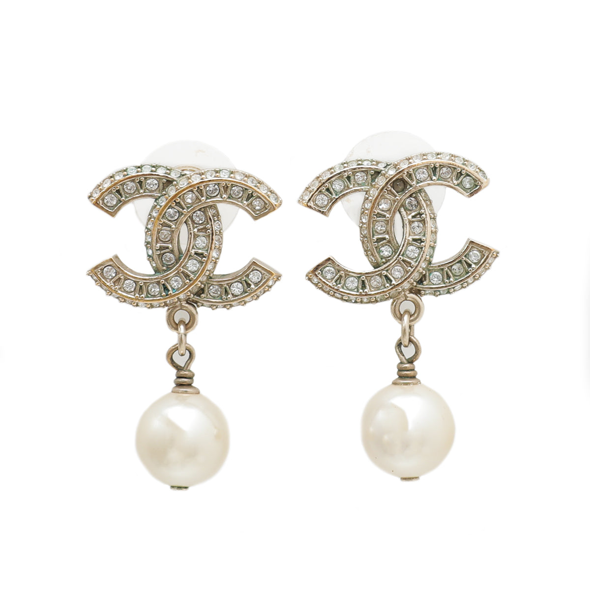 Chanel White CC W- Rhinestones Drop Pearl Stud Earrings-Chanel-THE CLOSET
