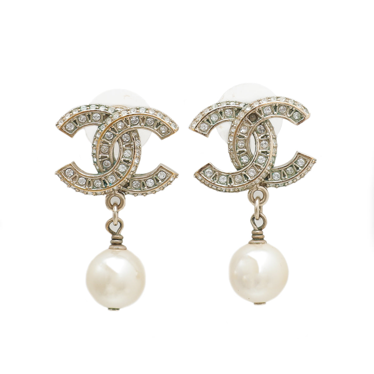 Chanel White CC W- Rhinestones Drop Pearl Stud Earrings