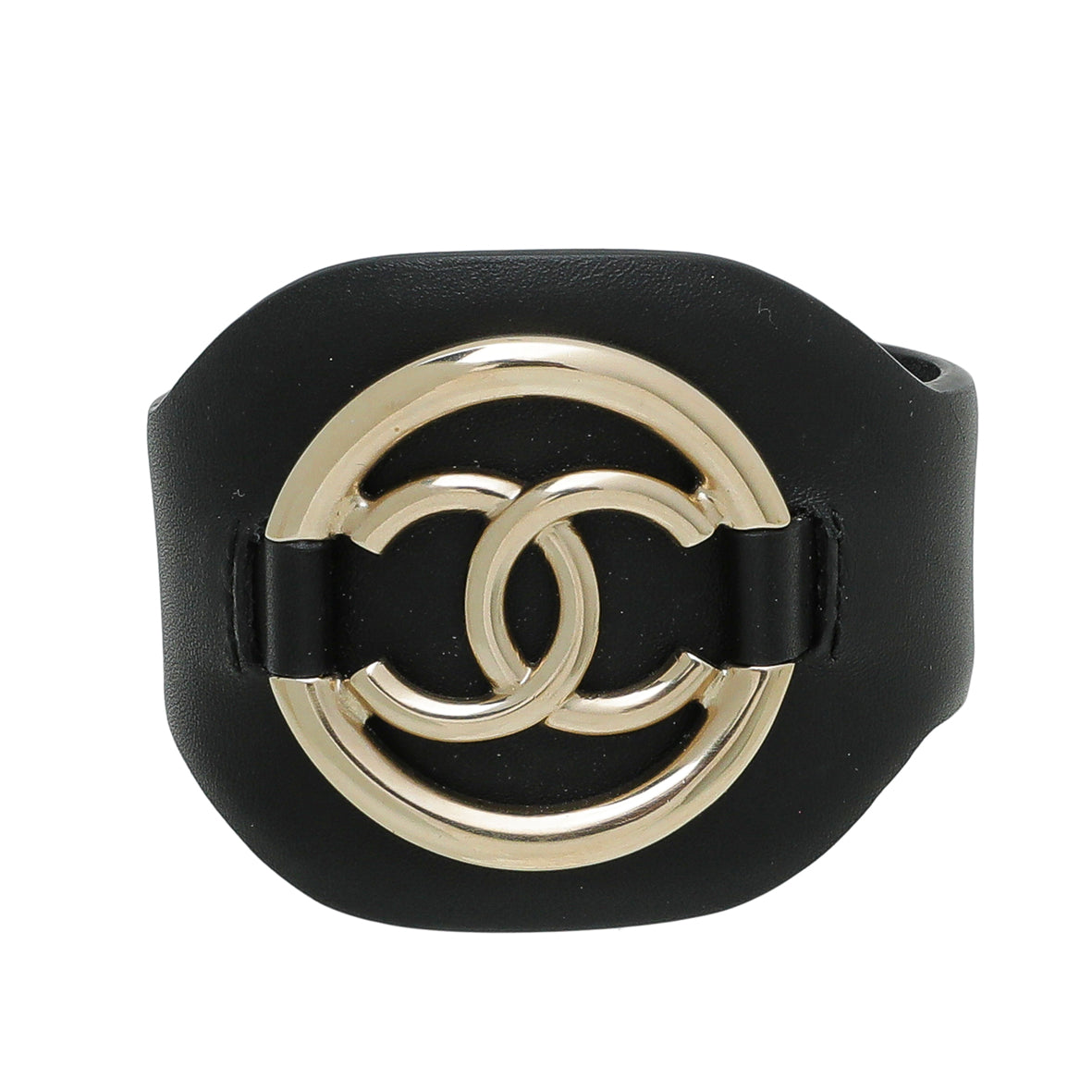 Vintage Chanel Cuff Bracelet 1980s Gold Toned Chain Black Leather