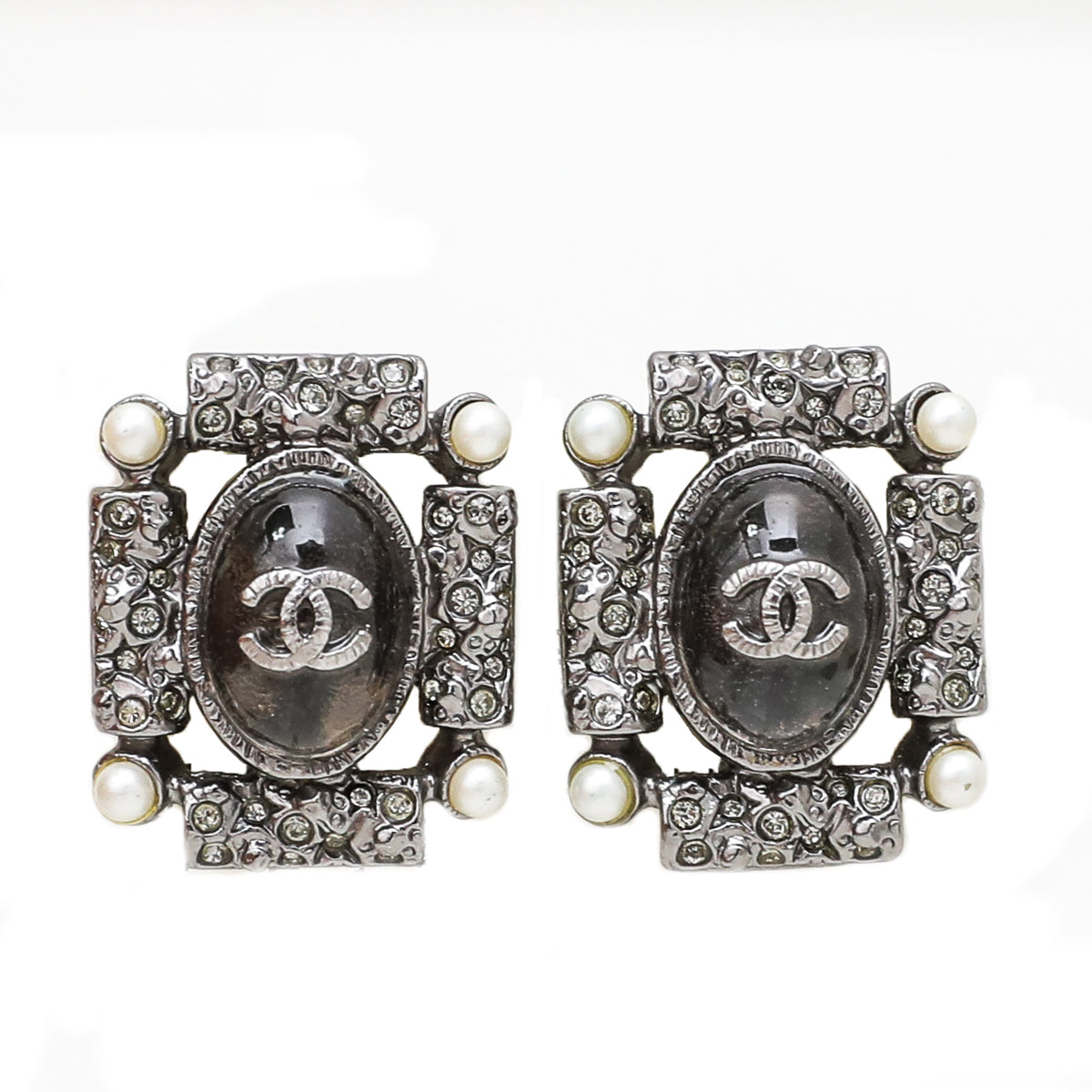 Chanel Ruthenium CC Enamel Pearl Crystal Earring-Chanel-THE CLOSET