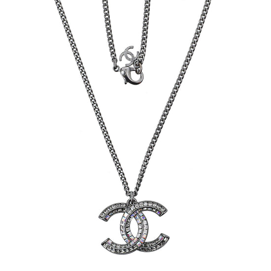Chanel Gunmetal CC Square Crystal Pendant Necklace