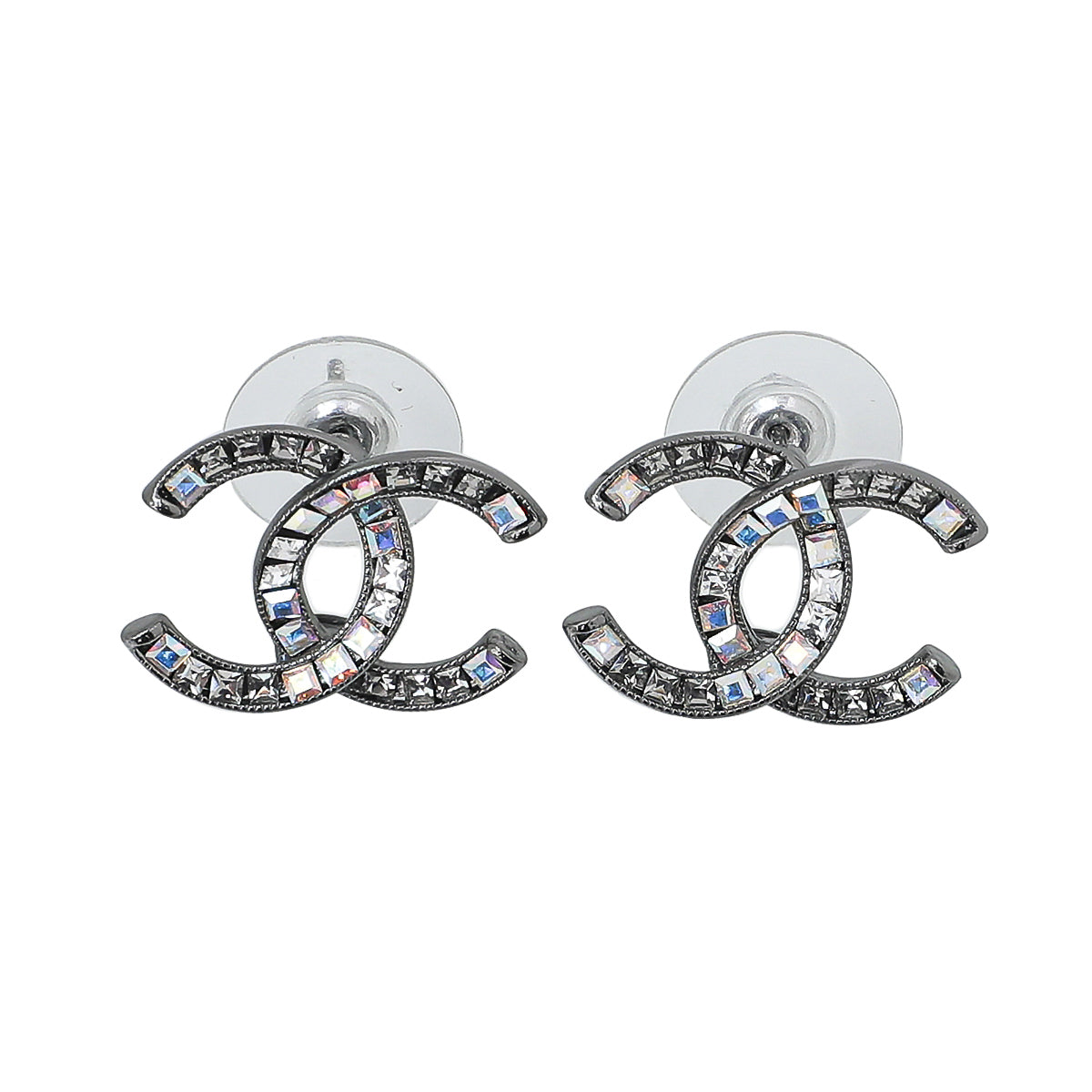 Chanel Gunmetal CC Square Iridescent Crystal Piercing Earrings-Chanel-THE CLOSET