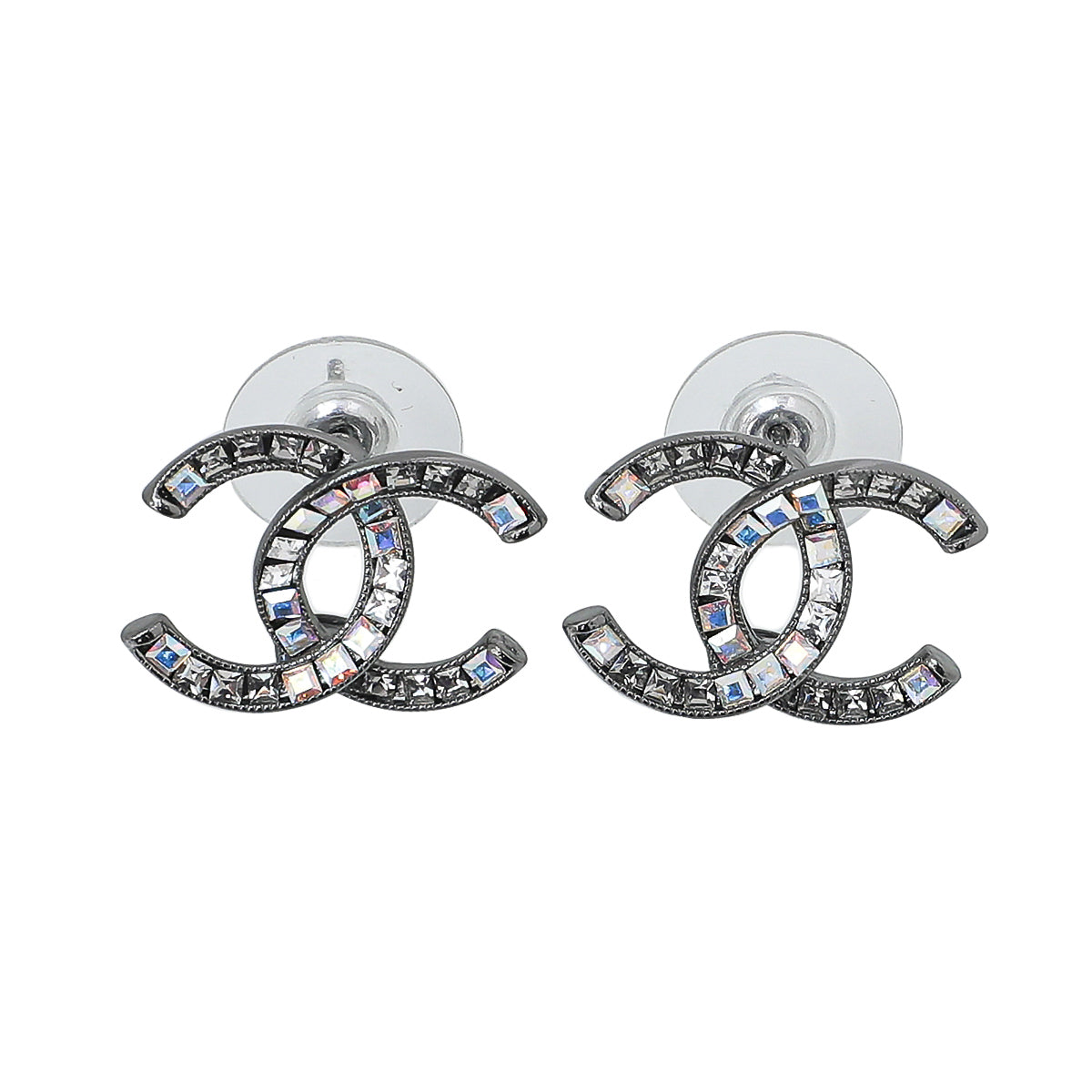 Chanel Gunmetal CC Square Iridescent Crystal Piercing Earrings