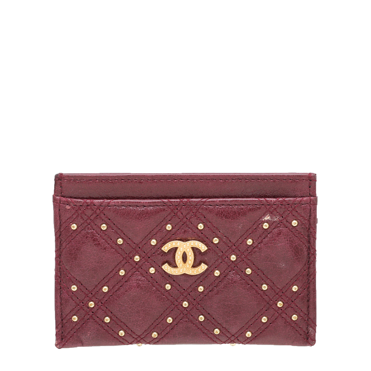 Chanel Burgundy CC Studded Rock Quilted Card Holder-Chanel-THE CLOSET
